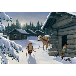 Jan Bergerlind Christmas Postcards - Tomte and the snow cow - Honey Beeswax