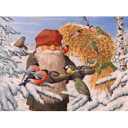 Jan Bergerlind Christmas Postcards - Tomte feeding the birds - Honey Beeswax