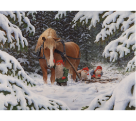 Jan Bergerlind Christmas Postcards - Tomte Sawing Logs - Honey Beeswax
