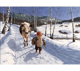 Jan Bergerlind Christmas Postcards - Tomte and the red and white cow - Honey Beeswax
