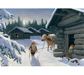 Jan Bergerlind Christmas Postcards - Tomte and the snow cow - Honey Beeswax