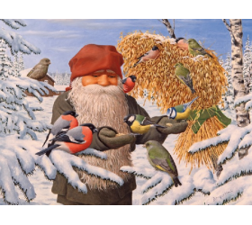 Jan Bergerlind Christmas Postcards - Tomte feeding the birds - Honey Beeswax