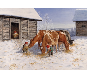 Jan Bergerlind Christmas Postcards - Tomte feeding the red and white cows - Honey Beeswax